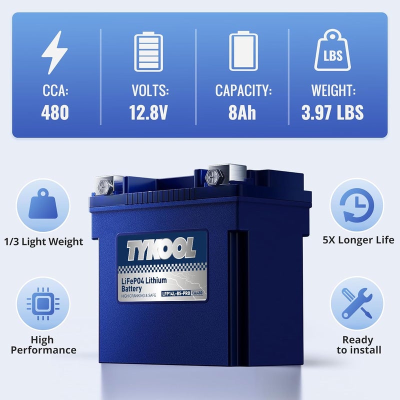 TYKOOL YTX14L-BS 3X Cranking Amps,5X Life, Lithium LiFePO4 Motorcycle Battery,12V 8Ah,480CCA,Digital Readout, Built in BMS,Powersports Battery, Compatible for Harley-Davidson, BRP (Sea-doo) Spark 900 - Image 4